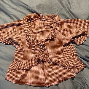 Brown Checkered Ruffle Blouse